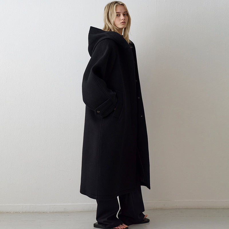Damen Oversized Wollmantel mit Kapuze und praktischen Taschen Drune