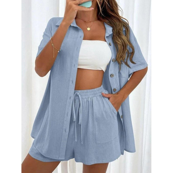 Damen luftiges Zweiteiliges Set mit Hemdbluse und Shorts Drune