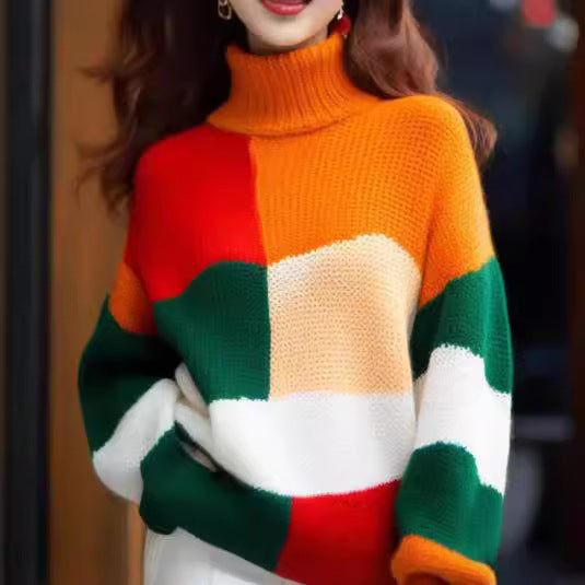 Damen Grobstrickpullover mit hohem Kragen und buntem Farbblockdesign Drune