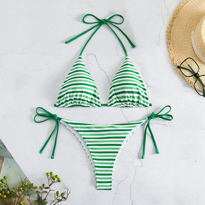 Damen Triangel-Bikini mit verspieltem Streifenmuster und verstellbaren Bindebändern Drune