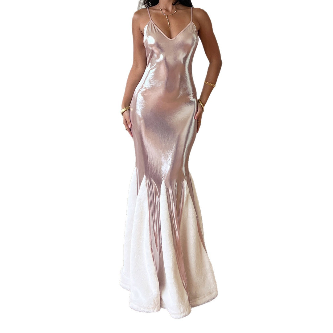 Damen Maxikleid mit glänzendem Oberteil und weichem Unterrock Drune