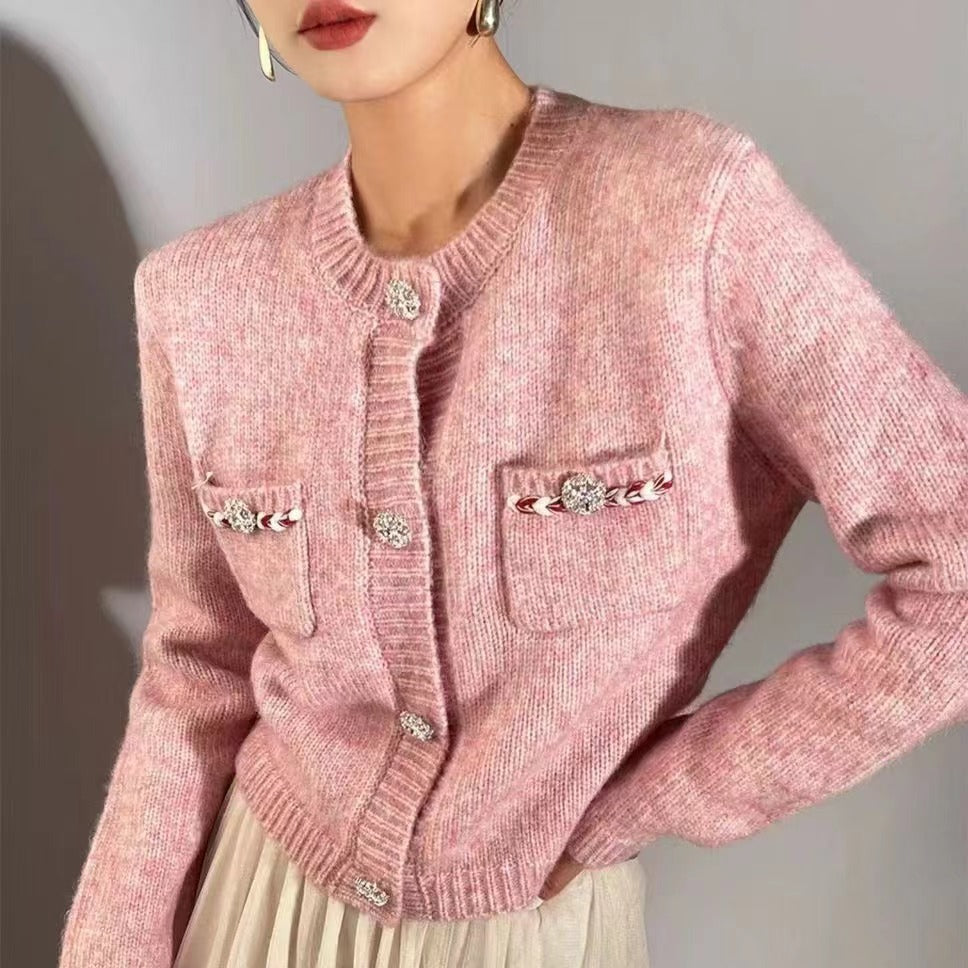 Damen elegante Strickjacke mit dezentem Knopfdesign und Taschen Drune