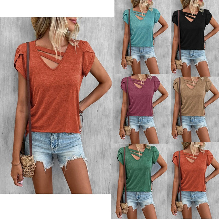 Damen lässiges Kurzarm T-Shirt mit einzigartigem Kreuz-Ausschnitt Drune