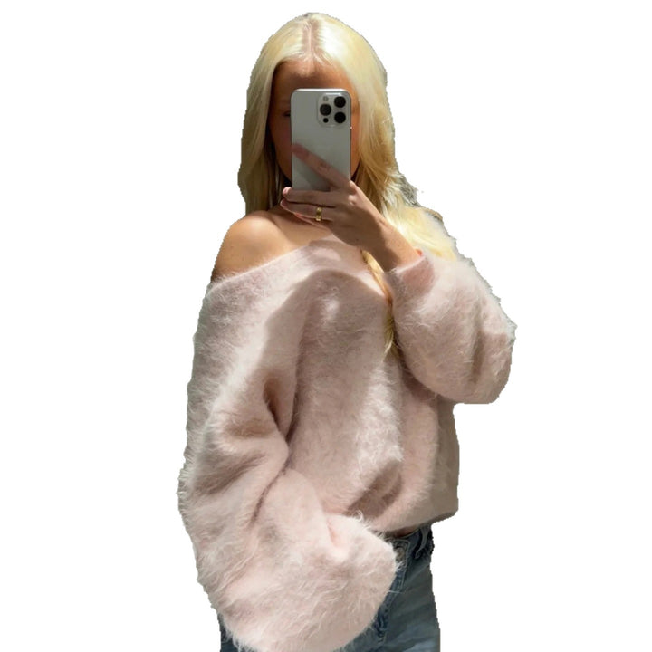 Damen nan oversized flauschiger Mohair-Blend Off-Shoulder Pullover mit Balloon-Ärmeln Drune