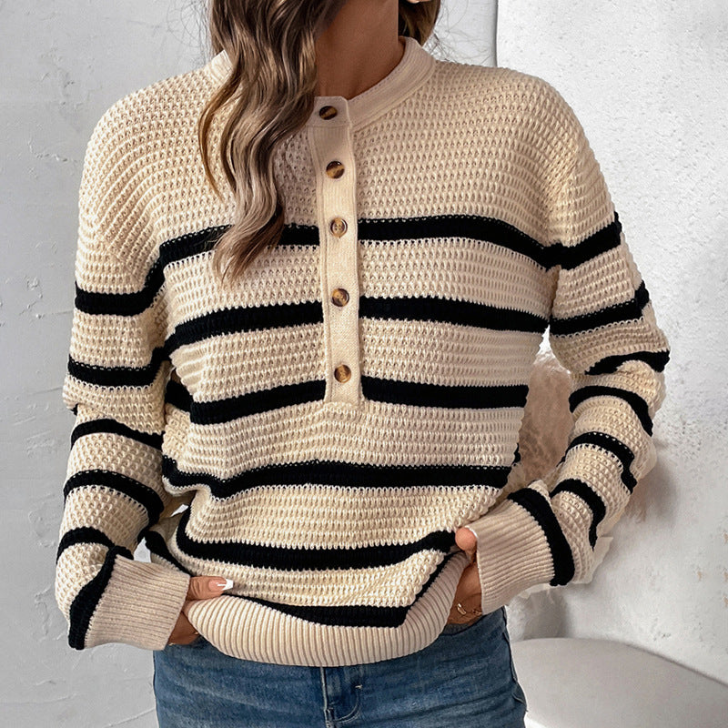 Damen lässiger Strickpullover mit Knopfleiste und gestreiftem Design Drune