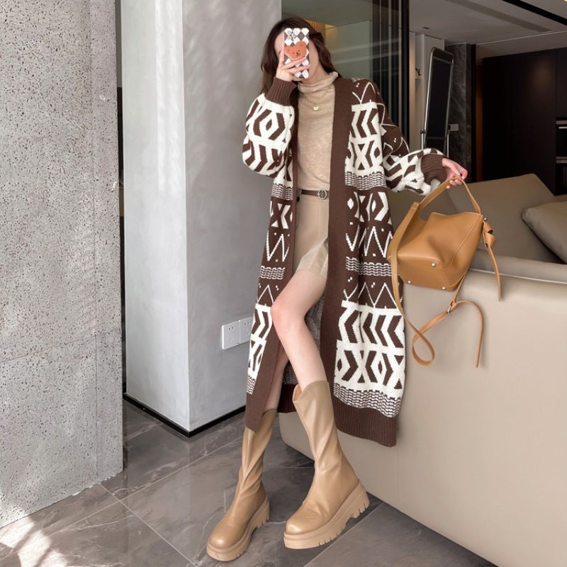 Damen modischer Strickcardigan mit geometrischem Design und lockerem Schnitt Drune
