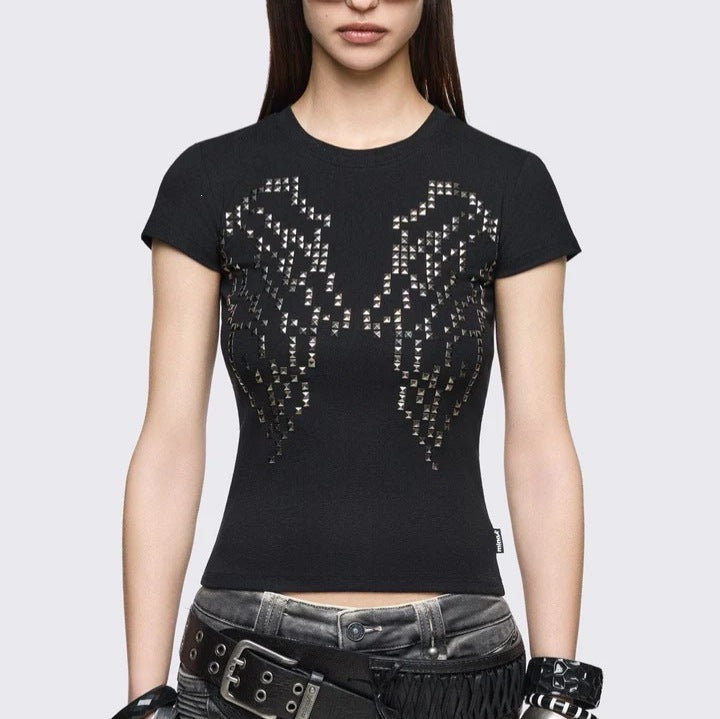 Damen Enganliegendes T-Shirt mit Metallic-Nieten Drune