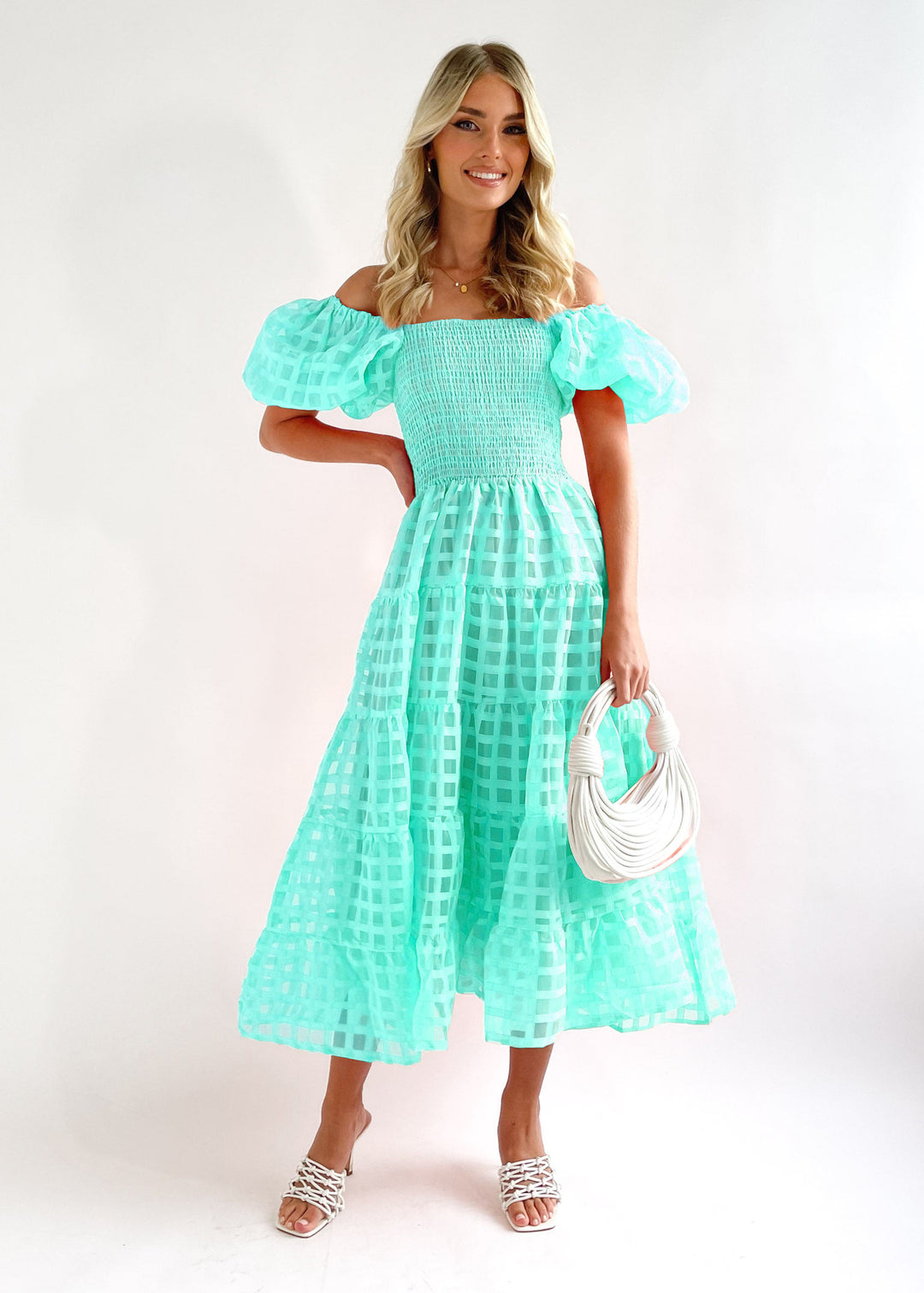 Damen Luftiges Maxikleid mit schwingendem Rock und voluminösen Puffärmeln Drune