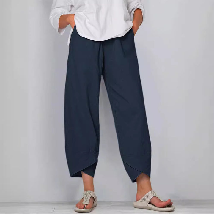 Damen nan weit geschnittene Leinenhose mit Tulpen-Saum und elastischem Bund Drune