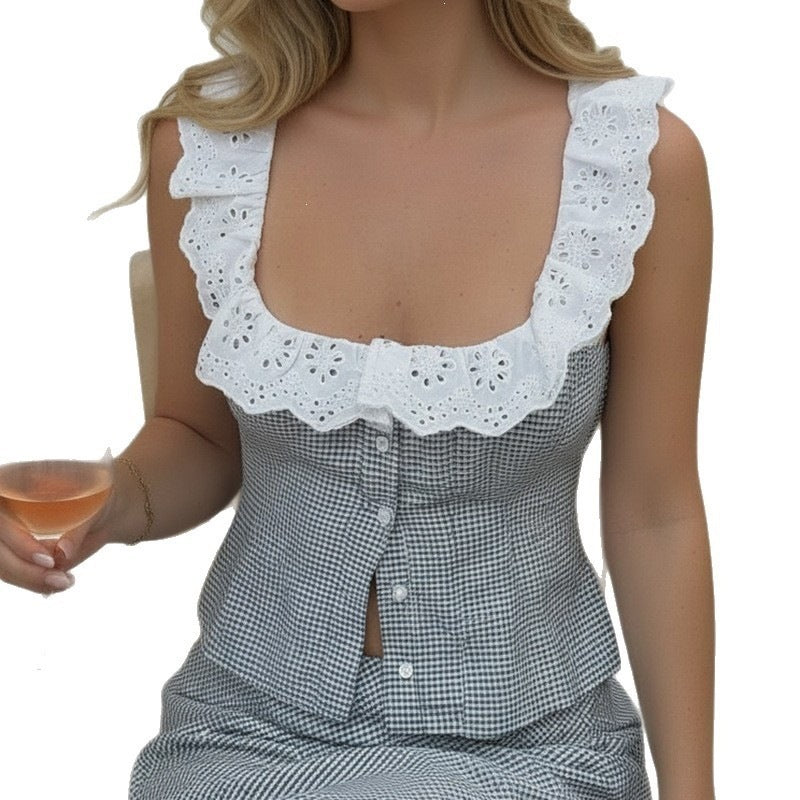 Damen Rüschenoberteil mit auffälligem Kragen und Knopfdetails Drune