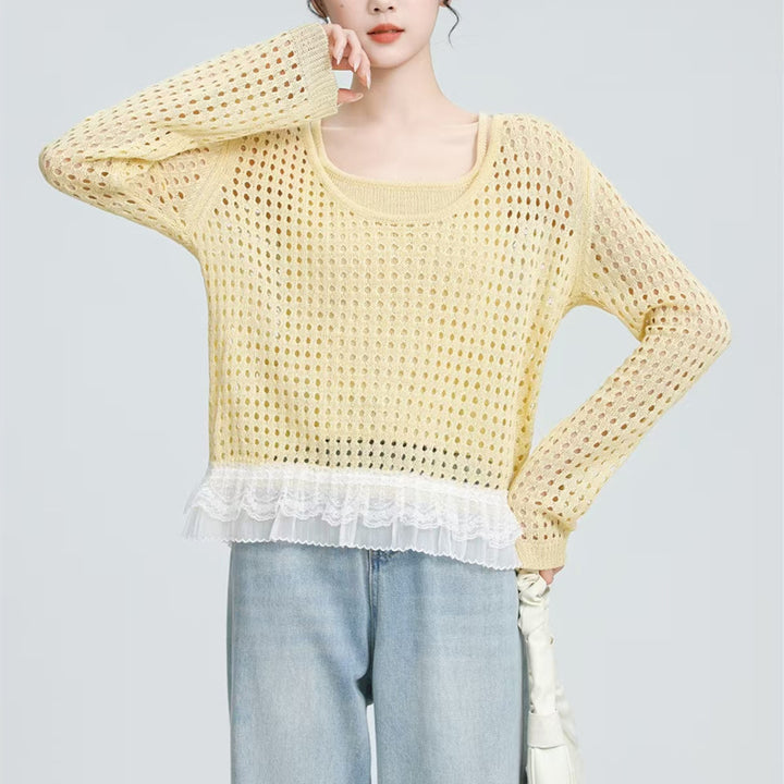 Damen luftiger Pullover mit Rüschen-Detail Drune