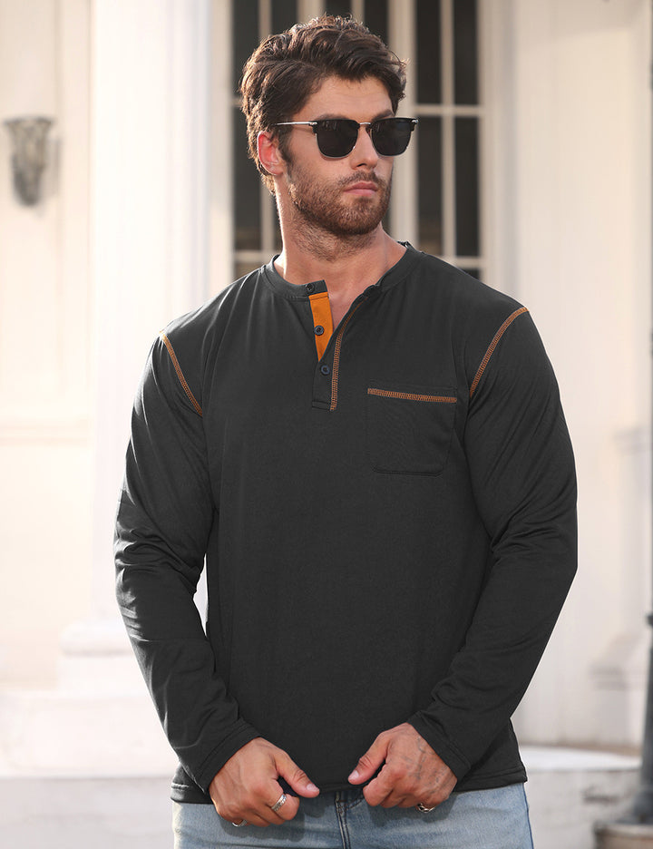 Herren nan Langarmshirt mit kurzer Knopfleiste Brusttasche und kontrastierenden Ziernähten Drune