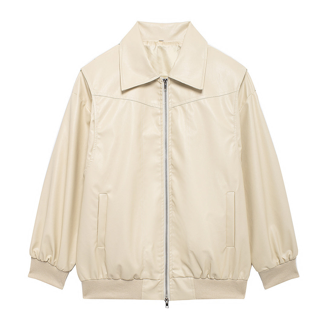 Damen Kunstlederjacke mit elastischen Bündchen und hochschließendem Kragen Drune