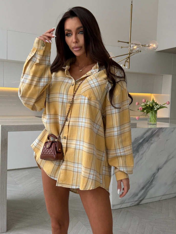 Damen lässige Karobluse mit langen Ärmeln und Knopfdetail Drune