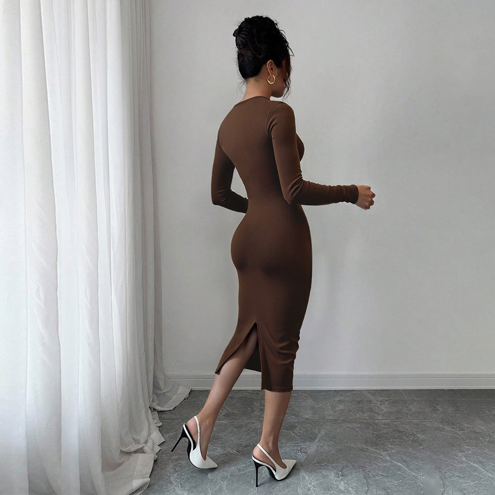 Damen figurbetontes Jersey-Midikleid mit Twist-Detail und langen Ärmeln Drune