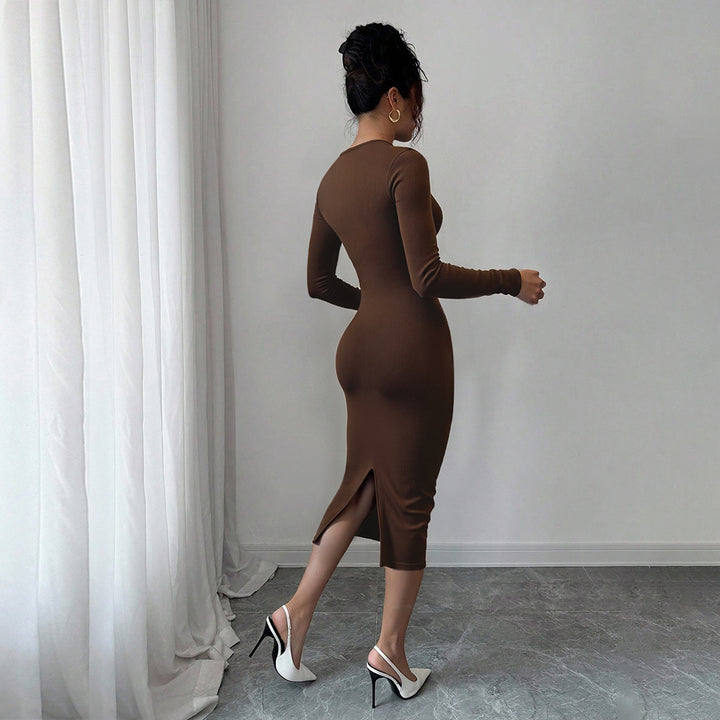 Damen figurbetontes Jersey-Midikleid mit Twist-Detail und langen Ärmeln Drune