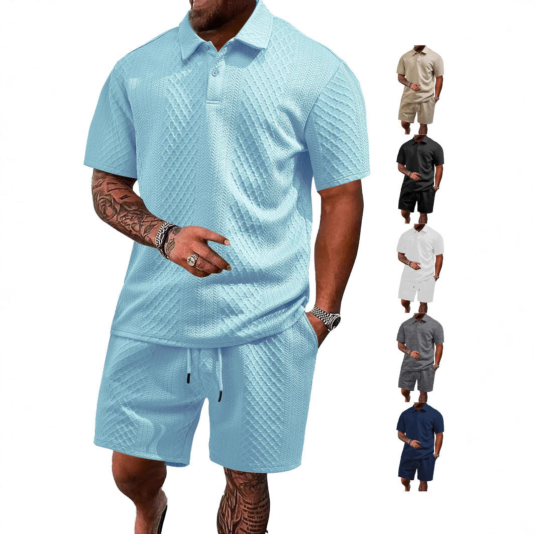 Herren nan geprägtes Waffel-Polo mit Kentkragen und elastischer Tunnelzugshorts im Set Drune