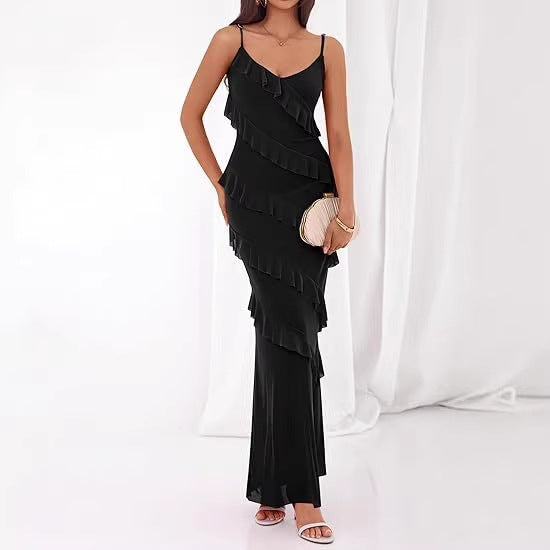 Damen Maxikleid mit Rüschen und Spaghettiträgern Drune