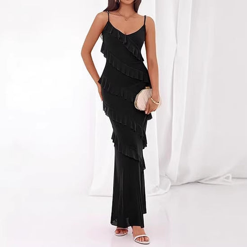 Damen Maxikleid mit Rüschen und Spaghettiträgern Drune