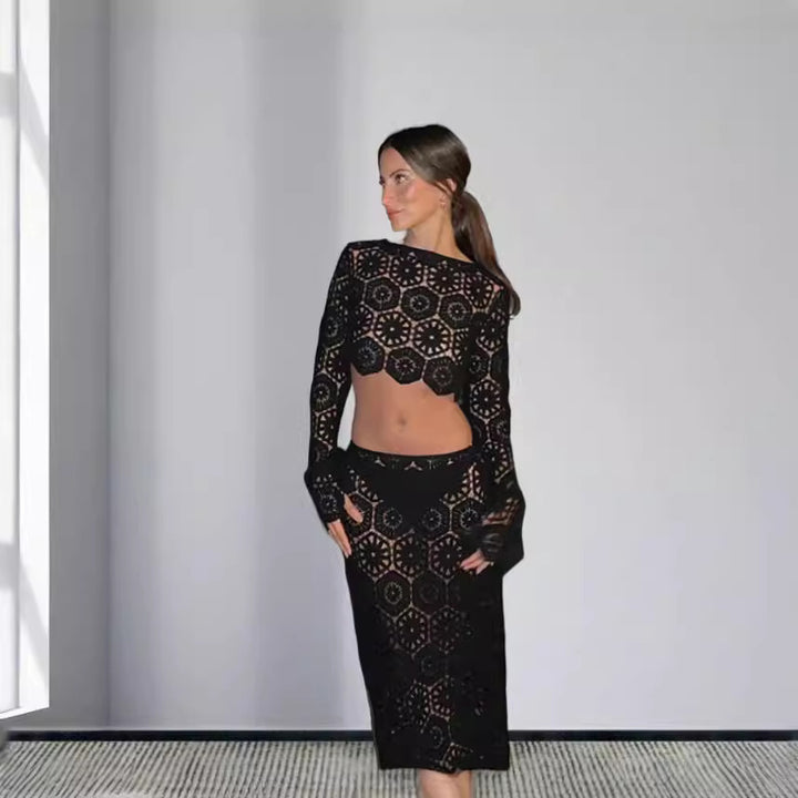 Damen Cropped Häkel-Oberteil und Maxi-Rock Set Drune