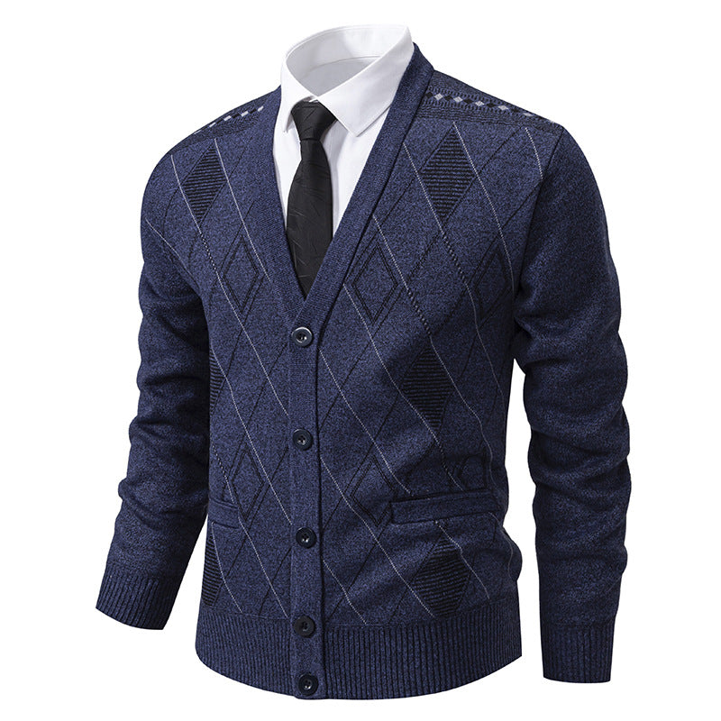Herren nan feiner Rauten-Strickcardigan mit V-Ausschnitt, Knopfleiste und Eingriffstaschen Drune