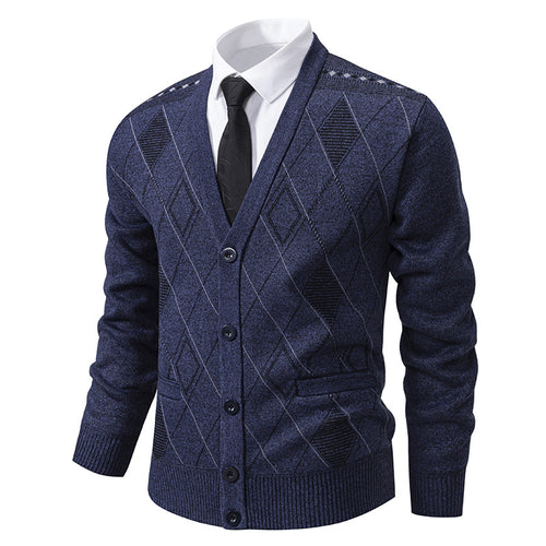 Herren nan feiner Rauten-Strickcardigan mit V-Ausschnitt, Knopfleiste und Eingriffstaschen Drune