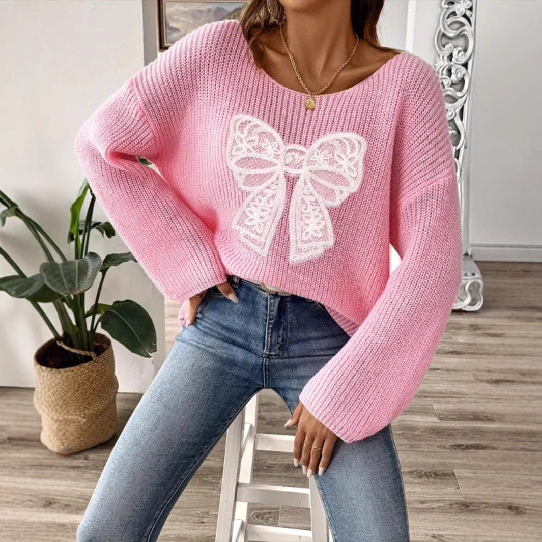 Damen Oversized Strickpullover mit romantischem Schleifenmotiv Drune