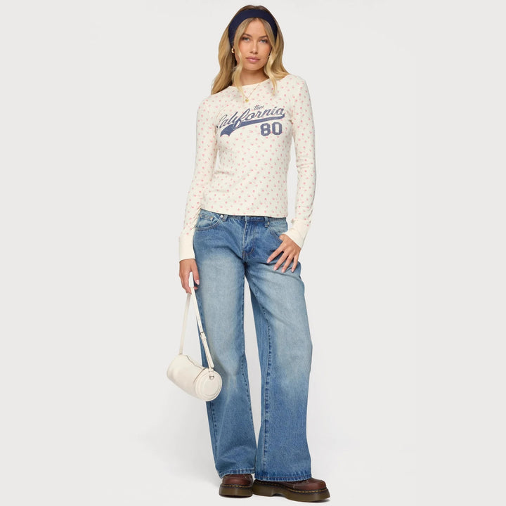 Damen Langarmshirt mit floralem Muster und sportlichem Print Drune
