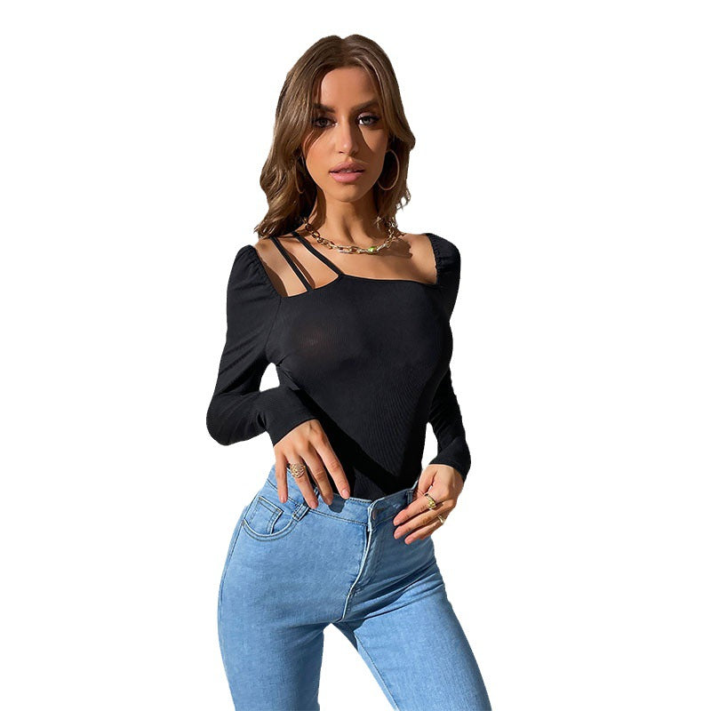 Damen Langarmbody mit asymmetrischem Ausschnitt und Rüschendetails Drune
