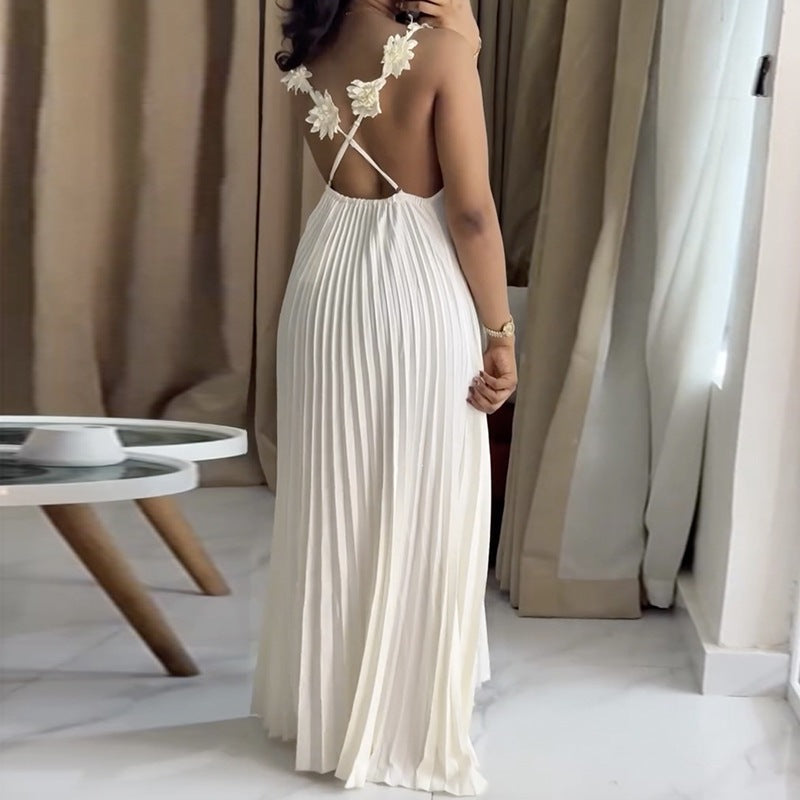 Damen Elegantes Maxikleid mit lässigem Faltenwurf und dekorativen Schulterblüten Drune