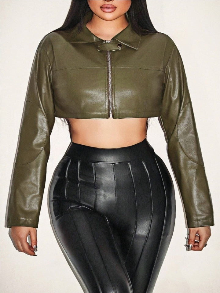 Damen cropped Kunstlederjacke mit innovativem Reißverschluss Drune