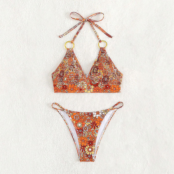 Damen Triangel-Bikini-Set mit floralem Muster und raffinierten Ringdetails Drune