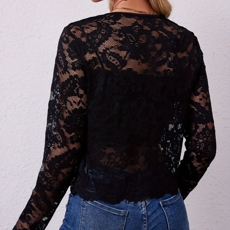 Damen Spitzenjacke mit floralen Mustern und langen Ärmeln Drune