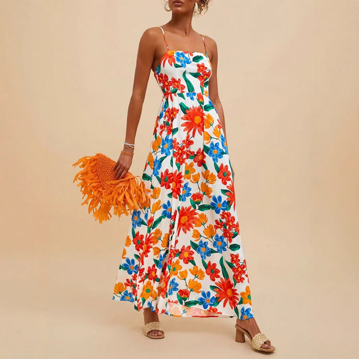 Damen Maxikleid mit buntem Blumenmuster und verstellbaren Trägern Drune