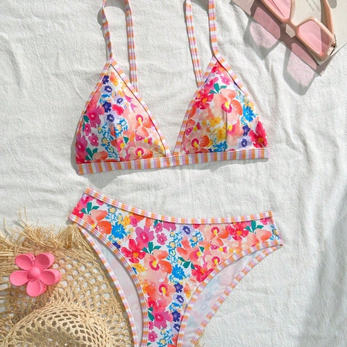 Damen Triangel-Bikini-Set mit floralem Muster und verspieltem Design Drune
