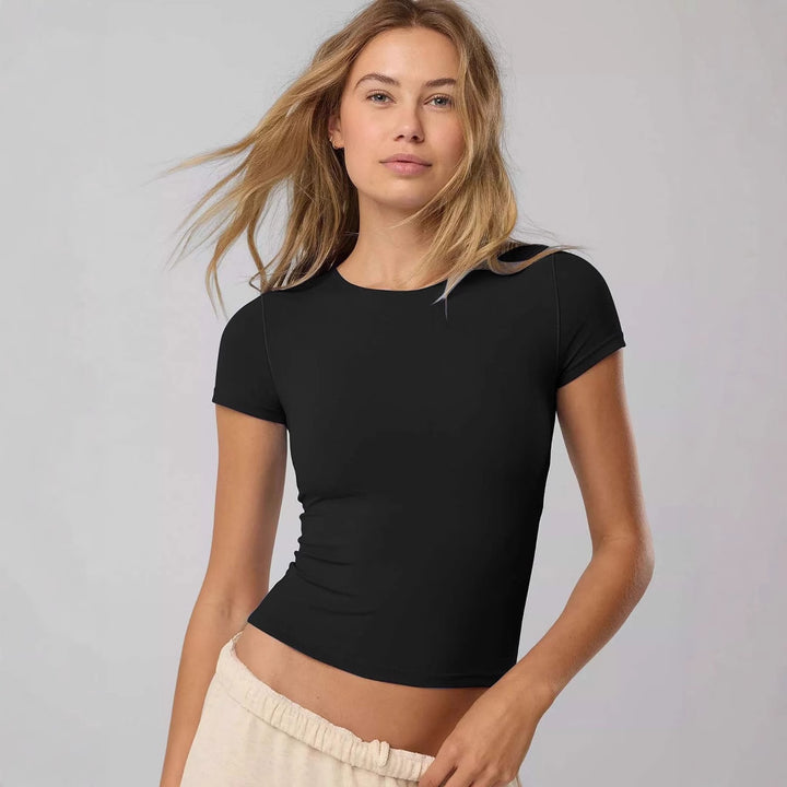 Damen figurbetontes Kurzarmshirt aus elastischem Baumwollmix mit Rundhalsausschnitt und nahtlosem Design Drune