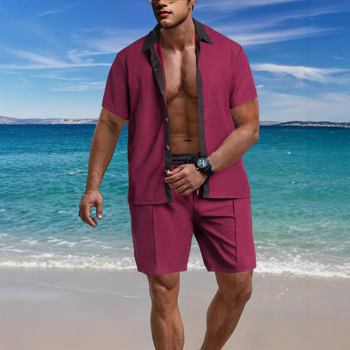 Herren nan modernes Freizeit-Set aus feinem Strukturjersey mit Hemdkragen-Knopfleiste und Kordel-Shorts Drune