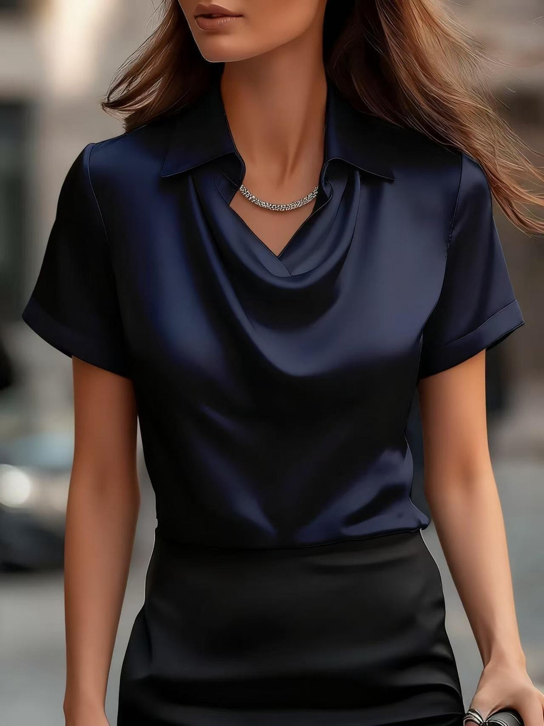Damen Elegante Satinbluse mit weichem Fall und luxuriösem Kragen Drune