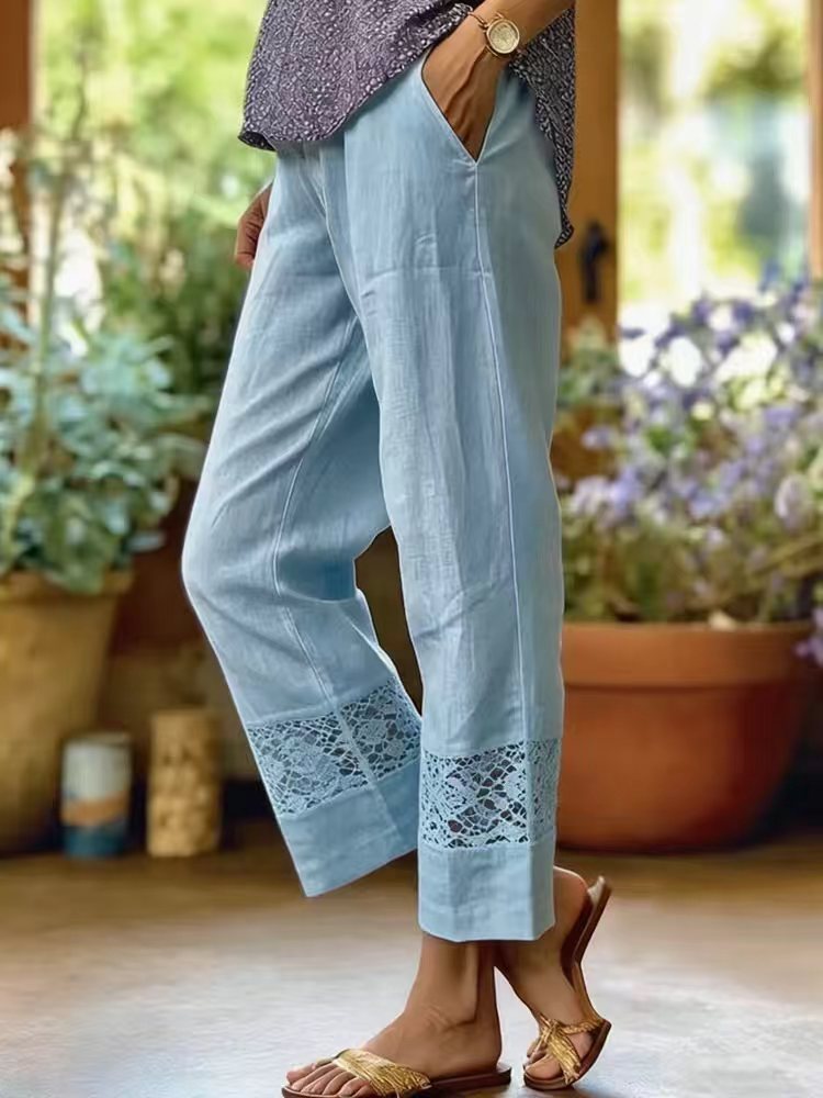 Damen Elegante Leinenhose mit Spitzenakzenten Drune