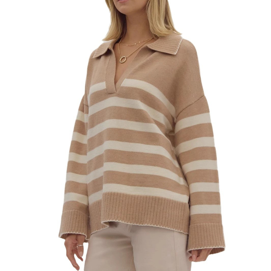Damen kuschelige Strickpullover mit modernem Streifenmuster und V-Ausschnitt Drune