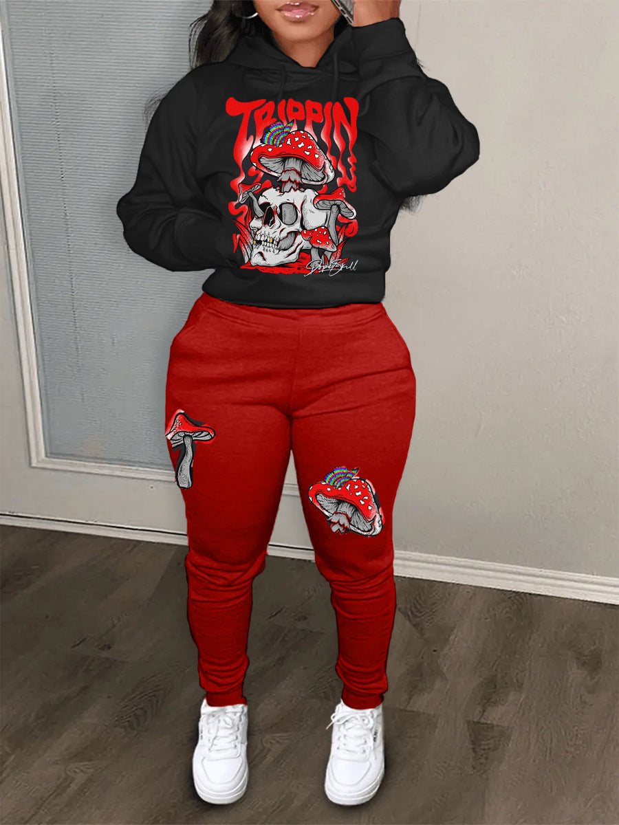 Damen Hoodie und Jogginghose Set mit kreativem Pilzdesign Drune