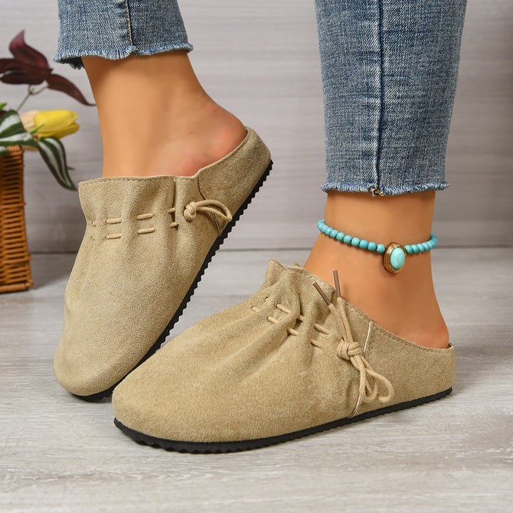 Damen nan gefütterte Velours-Pantolette mit Teddy-Innensohle, weicher Innensohle und dekorativer Schnürung Drune