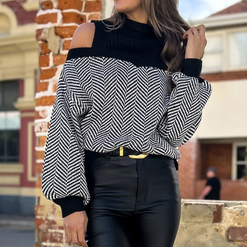 Damen trendiger Pullover mit Schulterauschnitt und modernem Zickzackmuster Drune