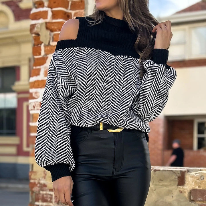 Damen trendiger Pullover mit Schulterauschnitt und modernem Zickzackmuster Drune