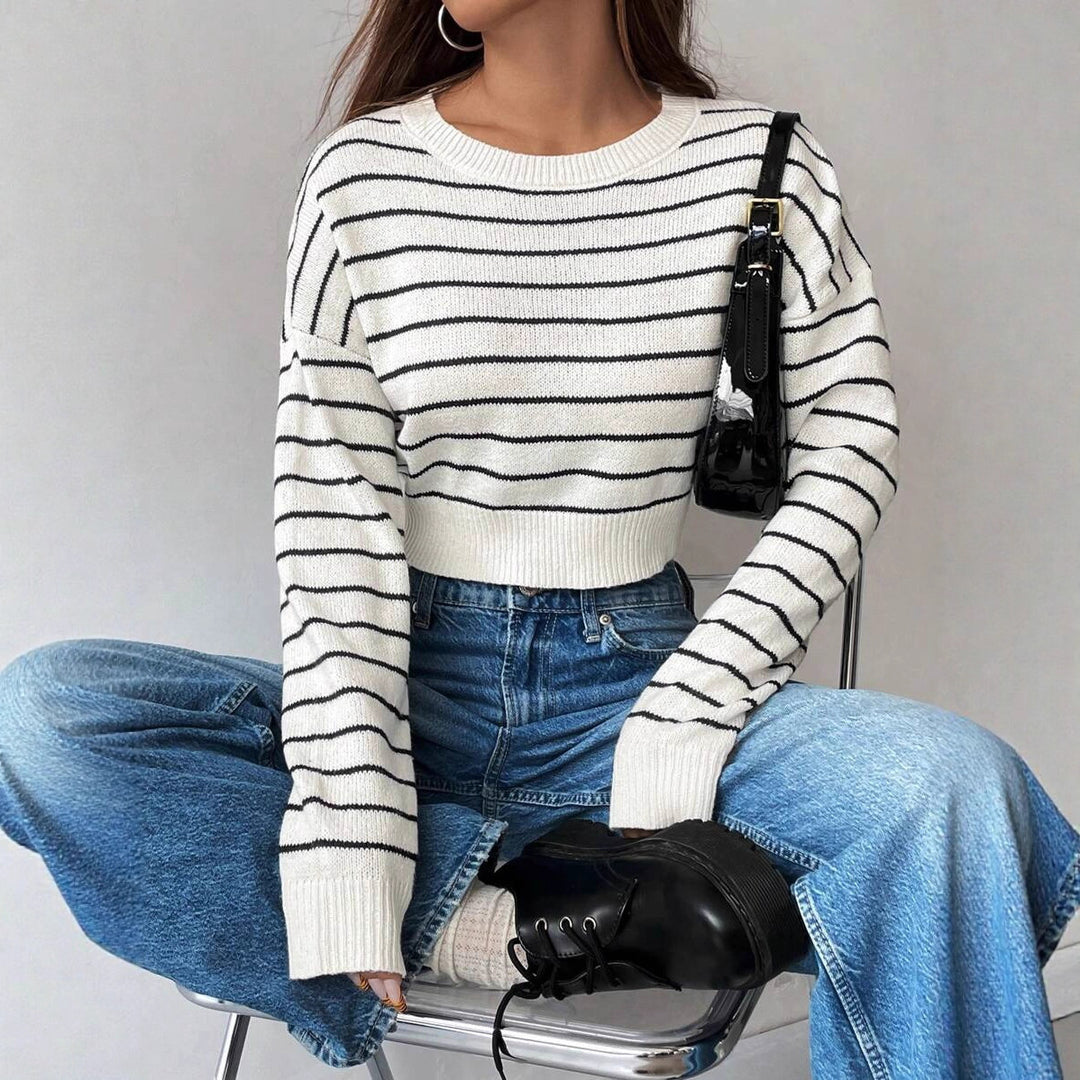 Damen cropped Streifenpullover mit lässigem Schnitt und modernem Rundhalsausschnitt Drune
