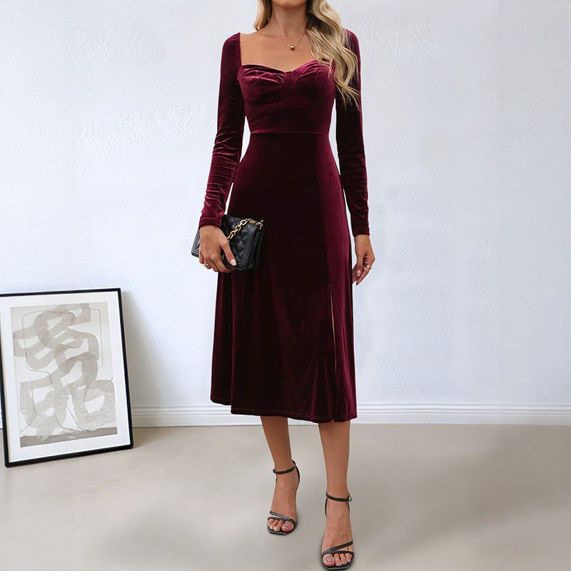 Damen elegantes Maxikleid mit raffiniertem V-Ausschnitt und langer Armel Drune
