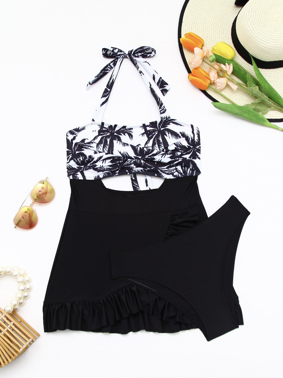 Damen Tankini-Set mit elegantem Wellenmuster und fröhlichem Rüschensaum Drune