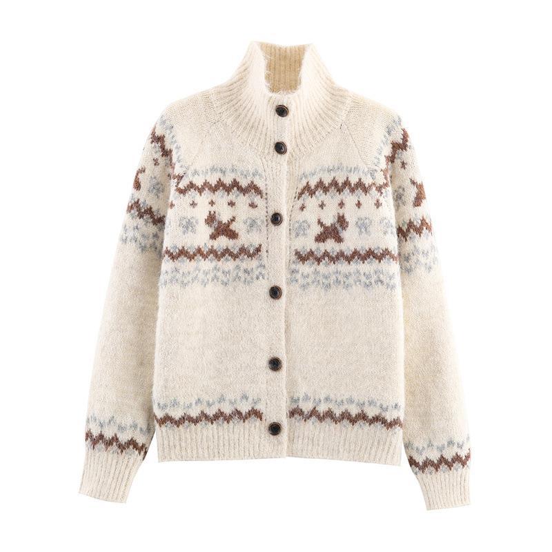 Damen Strickjacke mit nordischem Muster und erhöhtem Kragen Drune