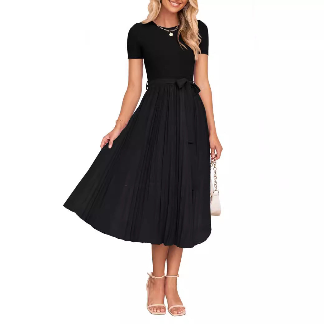Drune | Lässiges Fließendes Kurzarm-Gürtel-Midikleid