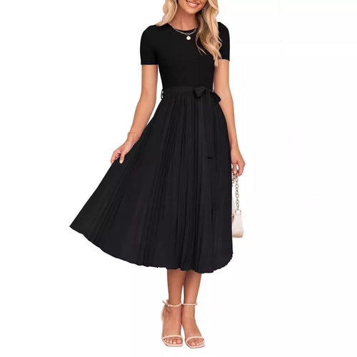 Drune | Lässiges Fließendes Kurzarm-Gürtel-Midikleid